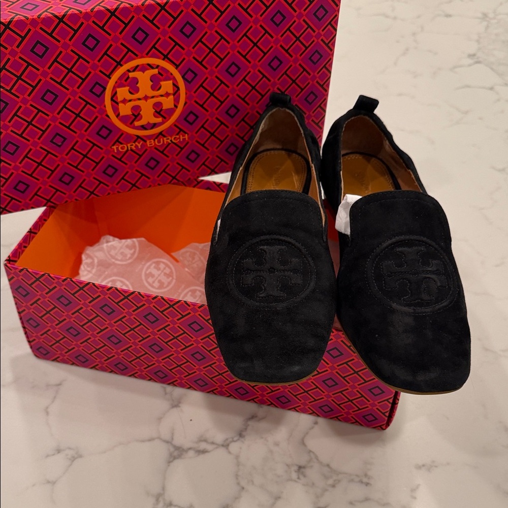 Tory Burch Black Suede Embossed Logo Loafers - Picture 6 of 6